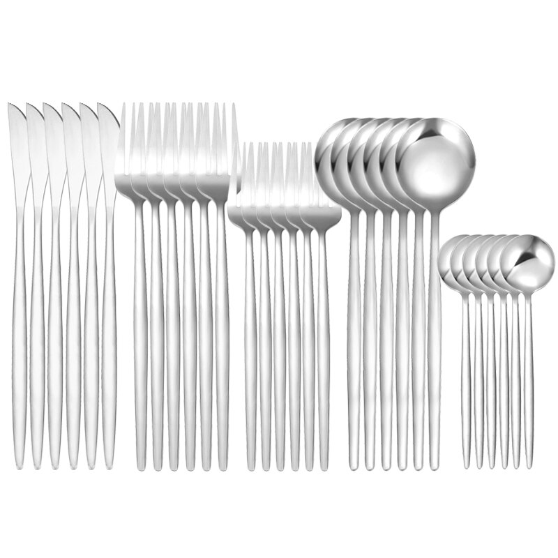 30Pcs White Gold Dinnerware Set Stainless Steel Knife Fork Spoon Cutlery Set Kitchen Tableware Set Flatware Set: 30Pcs Silver