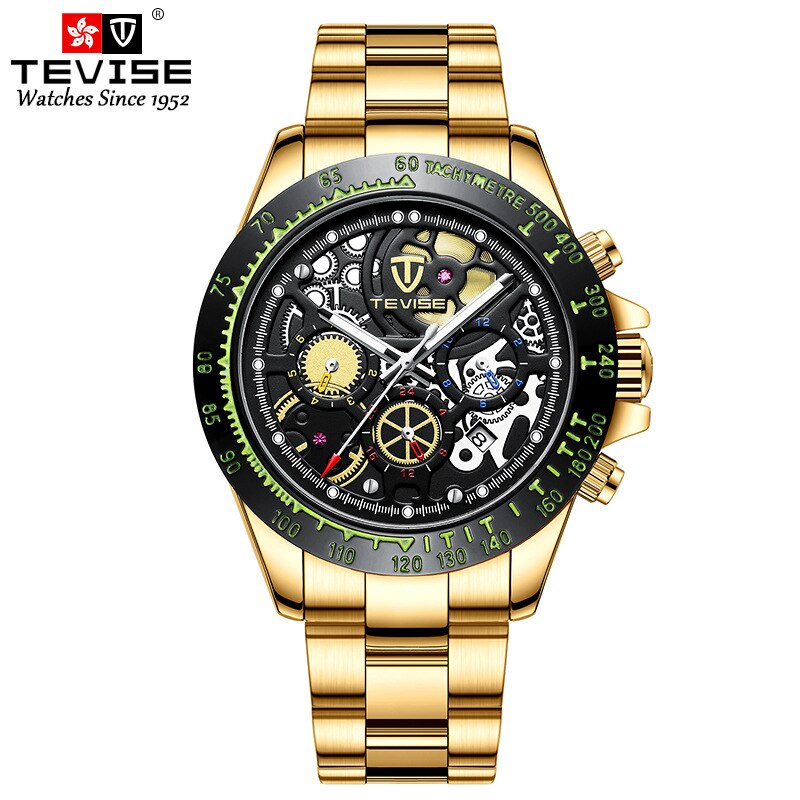 de TEVISE automatique mécanique hommes montre tout noir en acier inoxydable chronographe Date cadran hommes montre-bracelet mâle horloge: gold black