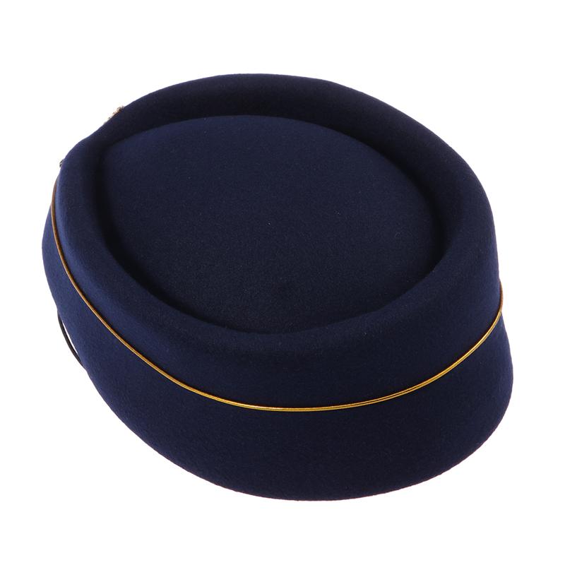 Women Air Stewardess Hat Woolen Flight Attendant Hat Stewardess Cap for Costume Cosplay Musical Performance - Size M(Navy Blue)