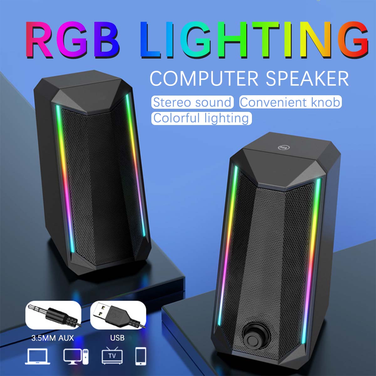 Touchtable RGB Lights Computer Speaker USB 5D Surround Sound Subwoofer Music Speaker for Laptop Notebook PC Stereo Loudspeaker