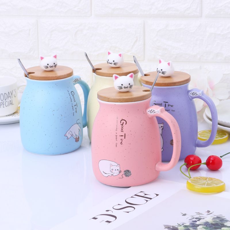 420ml Cat Ceramic Mug Heat-resistant Cup With Spoon Lid Drinkware Children Cartoon with Lid Milk Cup