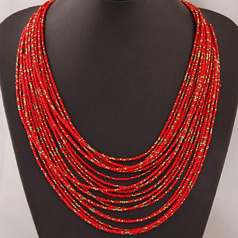 Bohemia Necklace For Women Brand ZA Exaggerated Luxury Multilayer Beads Statement Choker Chunky Necklace: red