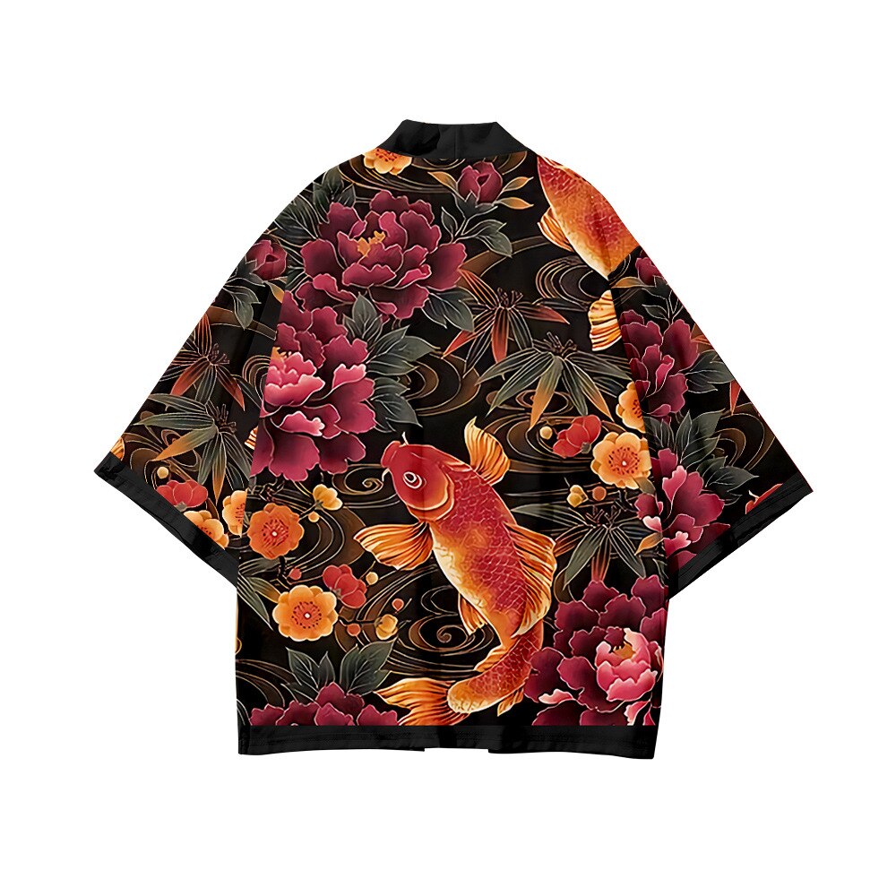 Dwuczęściowy garnitur Yukata japoński tradycyjny sweter kobiety mężczyźni Haori moda kwiat nadruk ryby Harajuku Kimono zestawy z krótkimi spodenkami