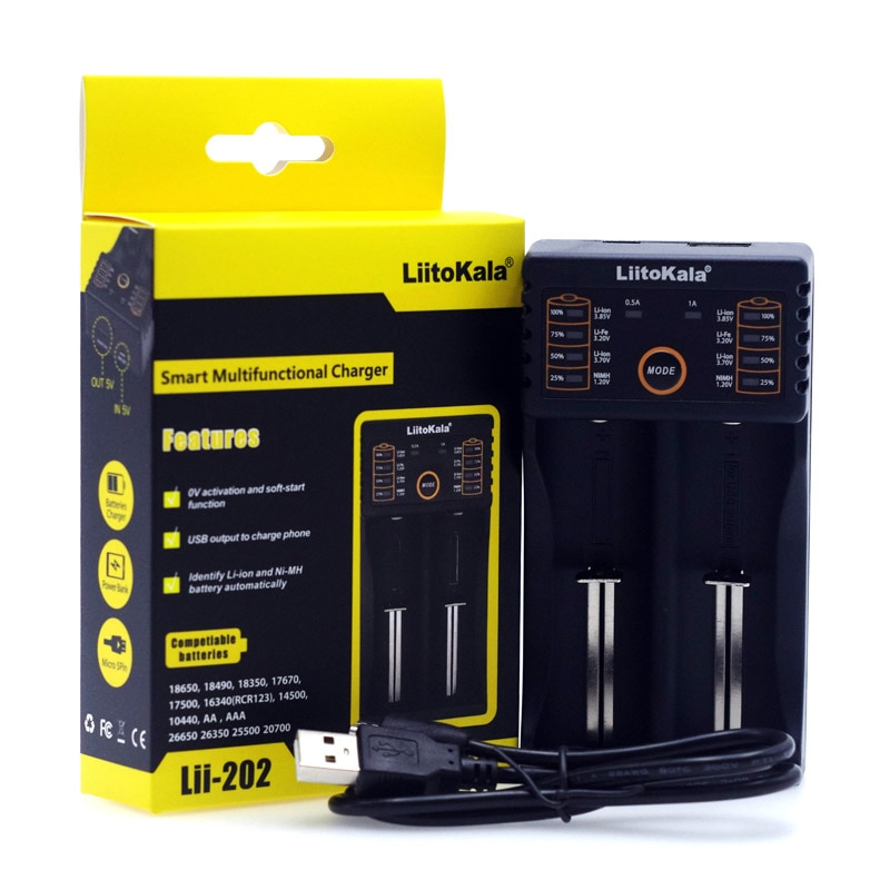 Liitokala lii 402/ lii -202/ lii -100/1.2v/3.7v 18650/26650/18350/16340/18500/ aa / aaa nimh litium batterilader 5v 2a støpsel