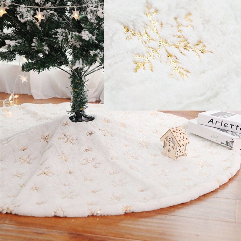 3 farver pailletter snefnug mønster træ nederdel juledekorationer blød whit plys tæppe 90cm/122cm juletræ nederdel hjemmeindretning: Guld snefnug / 122cm