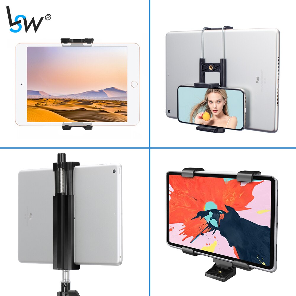 Universal Tablet Holder Tripod Mount Clamp Adapter Compatible with Phone/iPad Pro/Air/ Mini with Cold Shoe For Microphone