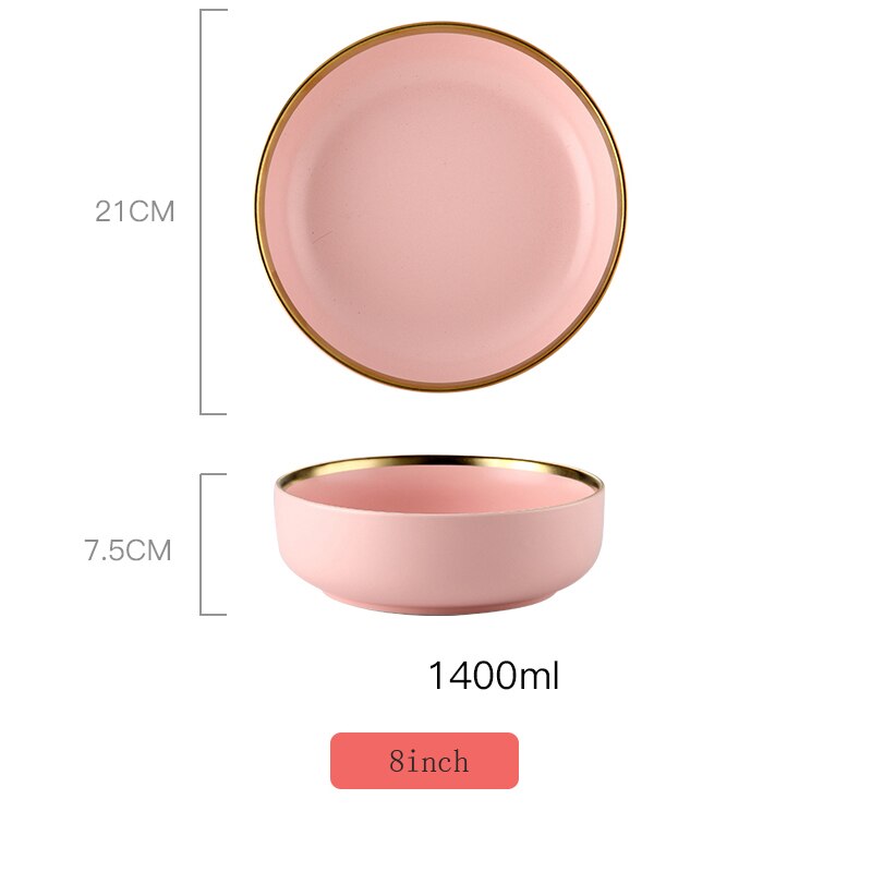 Pink keramisk porcelæn indlæg nordisk boligindretning porcelæn aftensmad tallerken suppeskål kop køkkenrestaurant redskaber guld: Lysegul