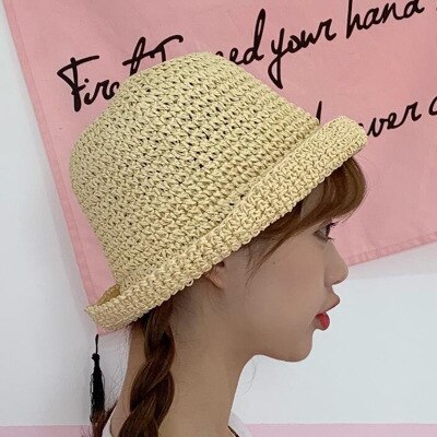 Dame strandhætte foldbar floppy bredkant stråhat håndlavet hæklet solhætter sommer spand hatte til kvinder: Beige