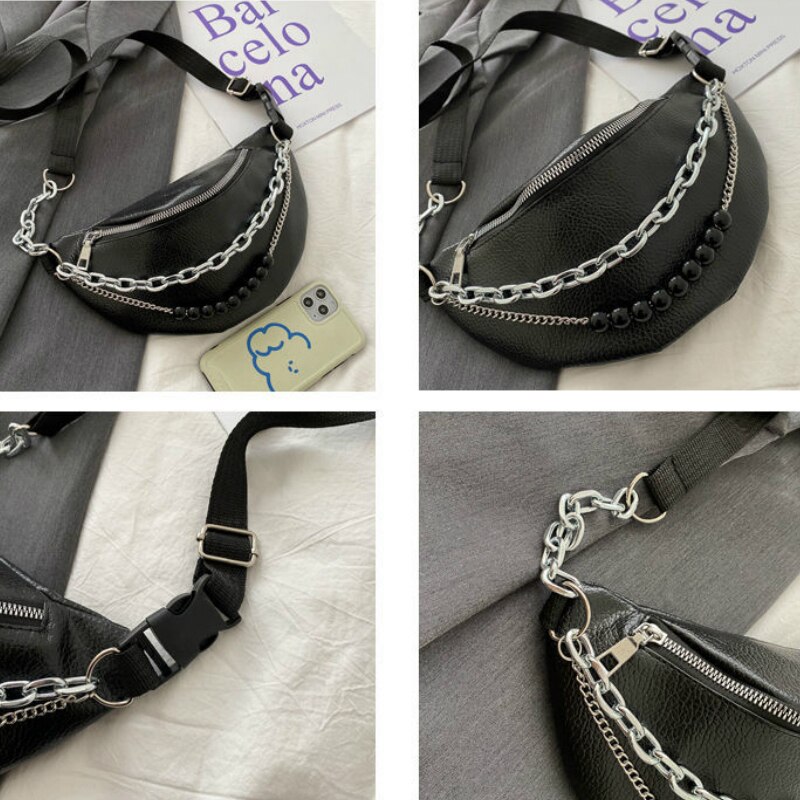 Waist Packs Women PU Leather Chain Unisex Chest Cross Body Women All-match Fanny Bags Ins Harajuku High Street Hip-hop