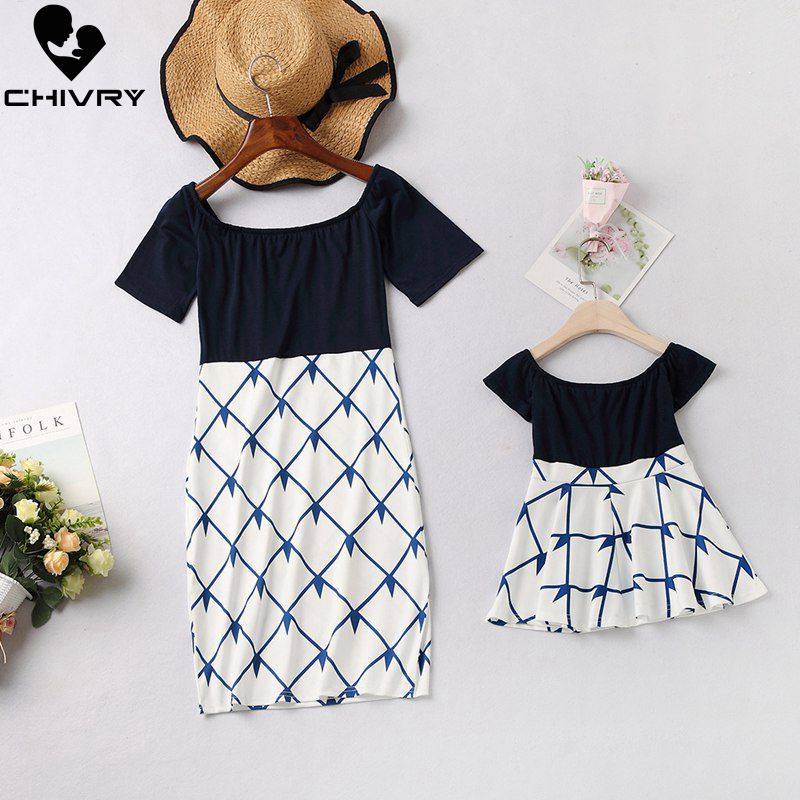 Chivry mor datter kjoler patchwork slash neck off shoulder kjole mor og datter kjole familie matchende tøj