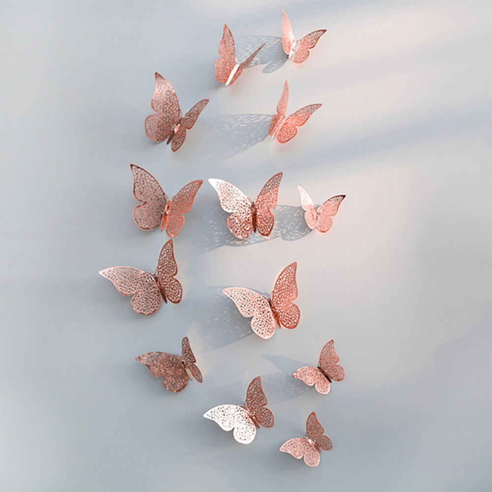 12pcs/set Hollow 3D Butterfly Wall Sticker for Wedding Decoration living room window Home Decor Gold silver Butterflies stickers: Rose gold B