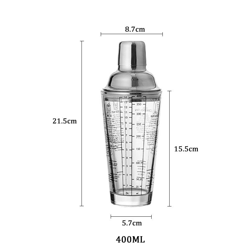 400ML Bottle Mix Master Glass Transparent Scale Cocktail Shaker 304 Stainless Steel Bar And Glass Shaker Bar Tools