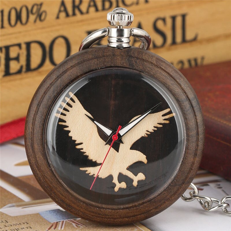 Quartz Wooden Pocket Watch Men Keychain Luminous Chain Wood Men Pendant Watch Clock Dial Warcraft: Ebony eagle