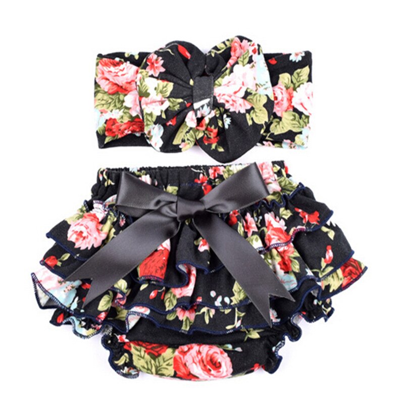 Newborn Baby girls bloomers Infant ruffle panties+Headband baby diaper covers girls shorts floral bloomers
