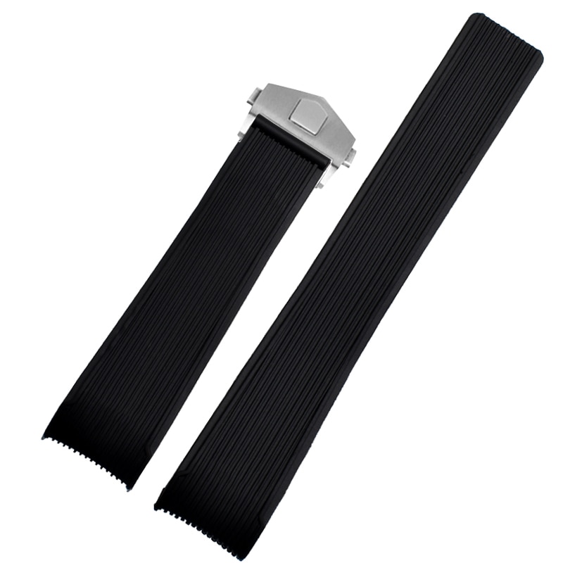 Rubber watchband for TAG WAY201A/WAY211A 300|500 wrist strap 21mm 22mm Arc end black blue Watch Band with folding buckle: black silver clasp / 21mm