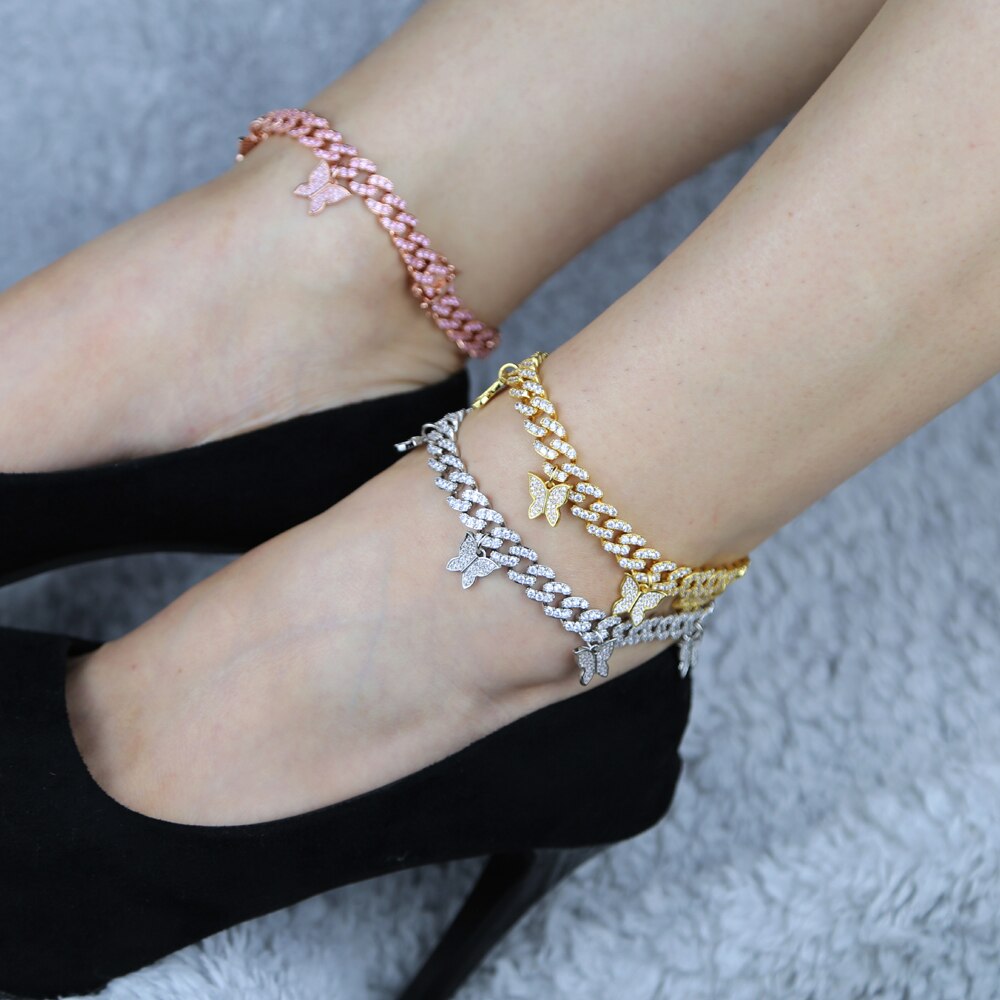 arrived Summer Beach Anklet Foot Leg Jewelry Iced out bling cz cuban chain drip cz butterfly charm anklet jewelry 9" 10"