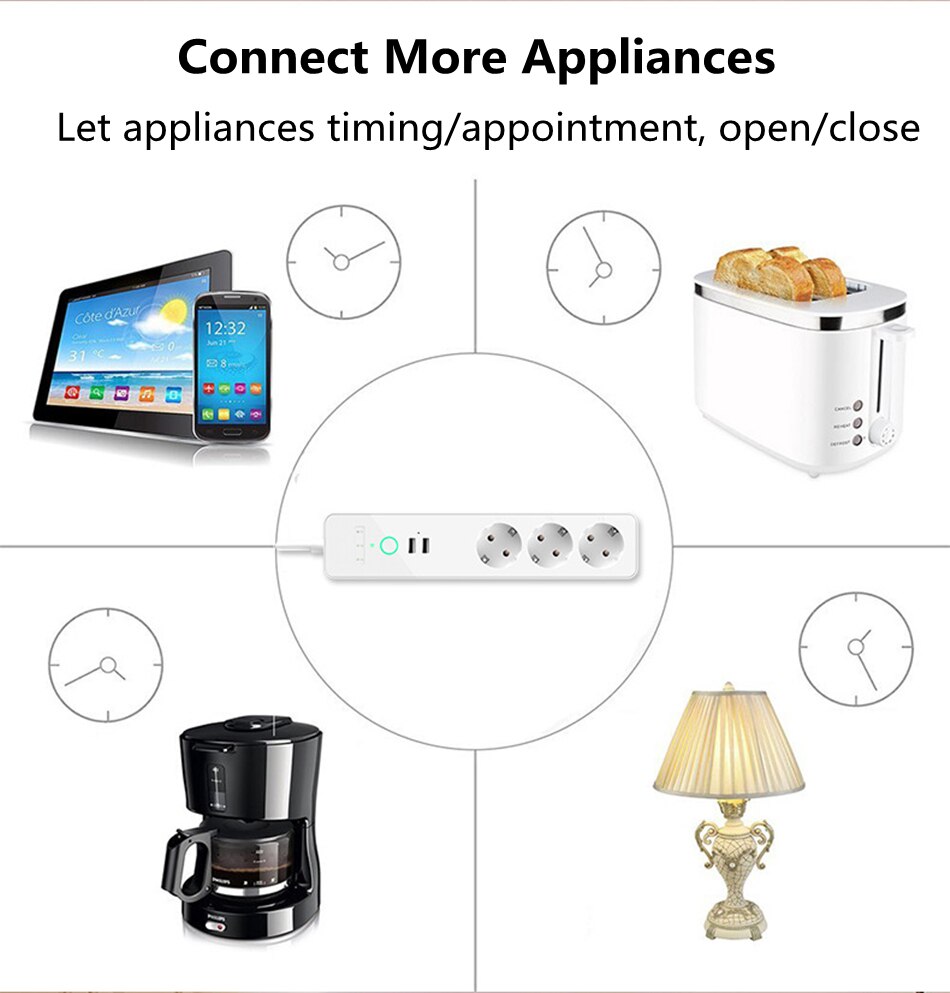 Regleta de potencia inteligente con enchufe WiFi de 16A, enchufe multienchufe con 3 salidas de CA y 2 puertos de carga USB, Control por voz, funciona con Alexa google home