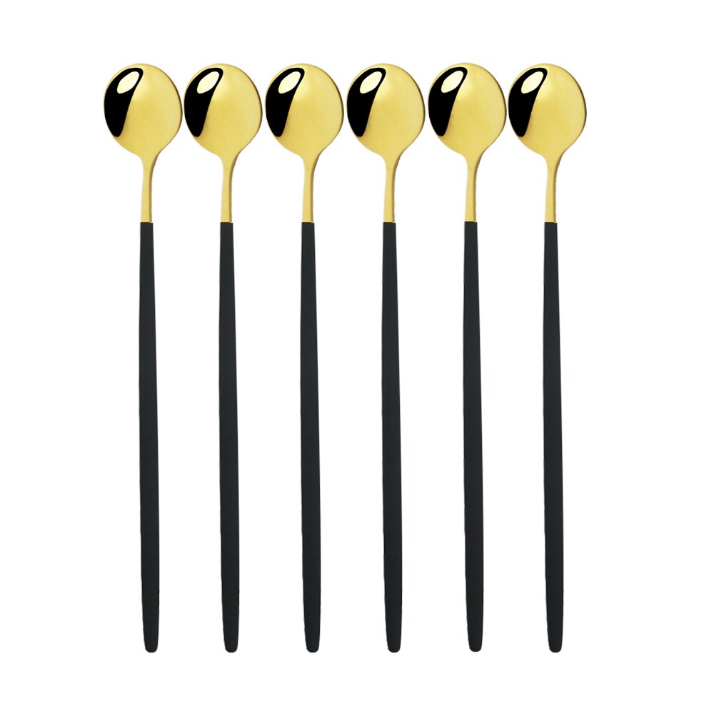 6Stck Schwarz Lange Hangdle Löffel Für Poliert Rühren Trinken 304 Steainless Stahl Geschirr Geschirr Besteck Eis Löffel einstellen: 6Stck Schwarz Gold