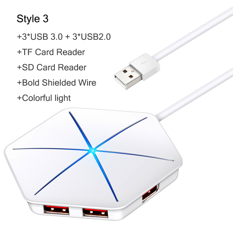 Répartiteur OTG 6 ports USB Hub, 7 modèles, avec lecteur de carte SD TF, lumière RGB Cool, USB 2.0 3.0, pour ordinateur de bureau et portable: S3 White USB3.0