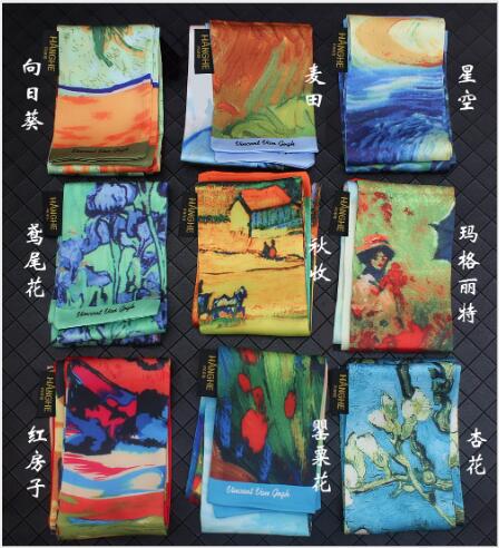 9X120Cm Van Gogh Olieverf Multifunctionele Tas Sjaals Skinny Sjaals Zijden Sjaal Vrouwen hoofd Sjaal Pols Handdoek