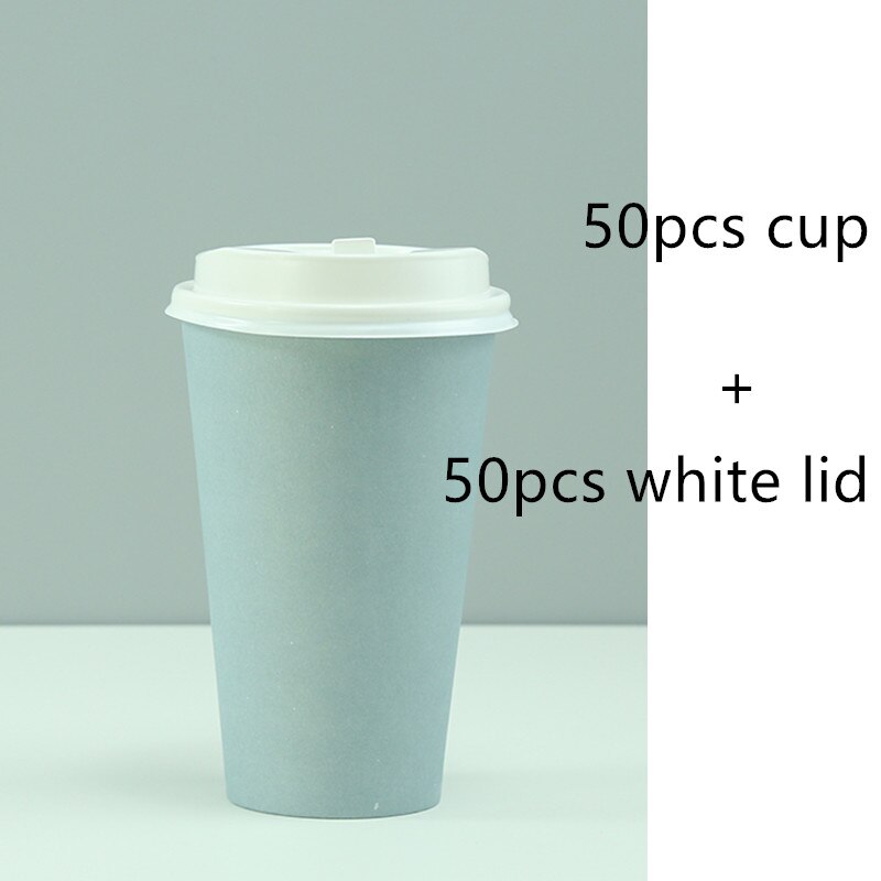 50pcs 500ml pure color disposable coffee cup thickening drink paper cups party wedding beverage cup with lids: cup and lid2