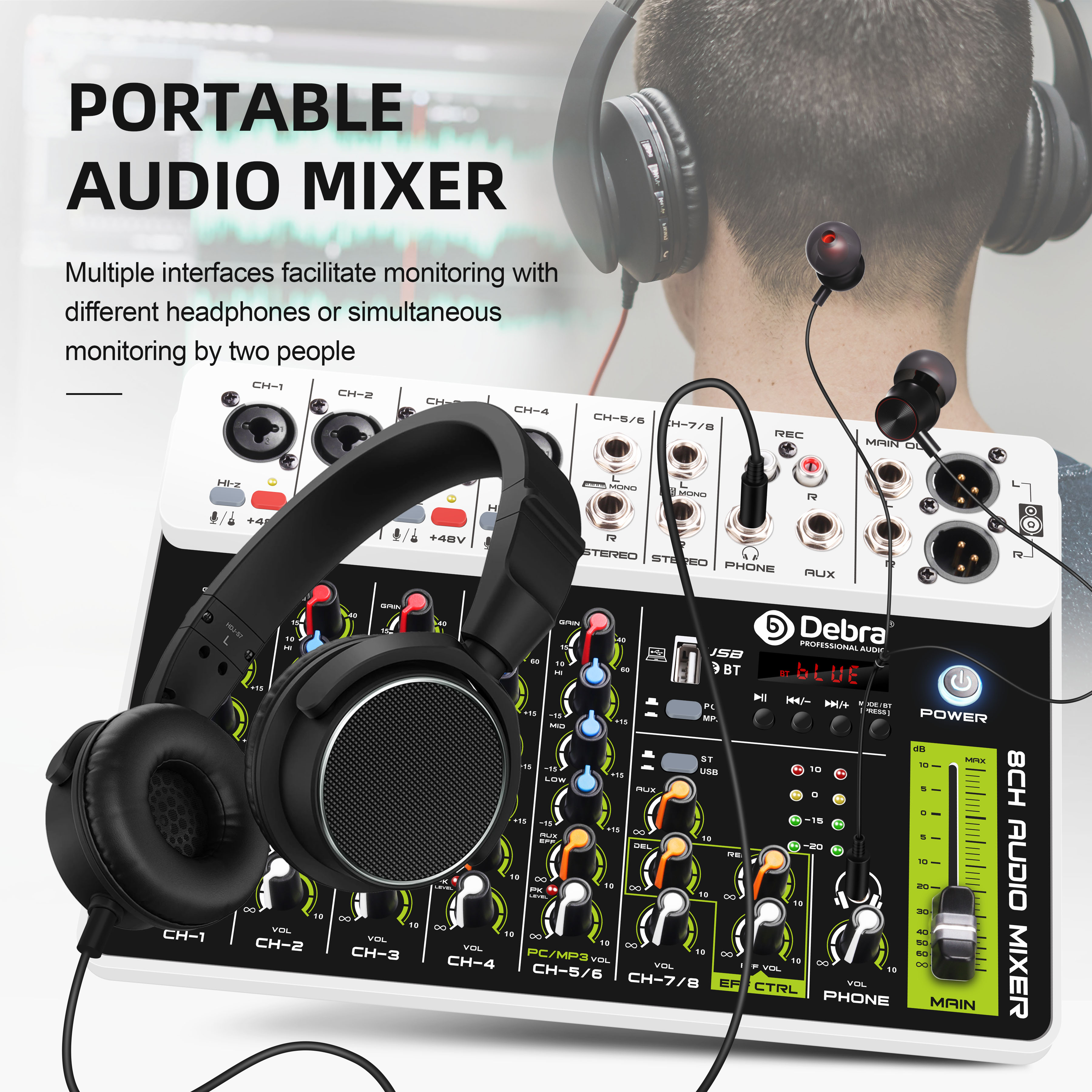 Debra Audio Mixer V8 DJ Audio Interface Mixing Console Bluetooth Record PC 48V Phantom Power Delay Repaeat Effect