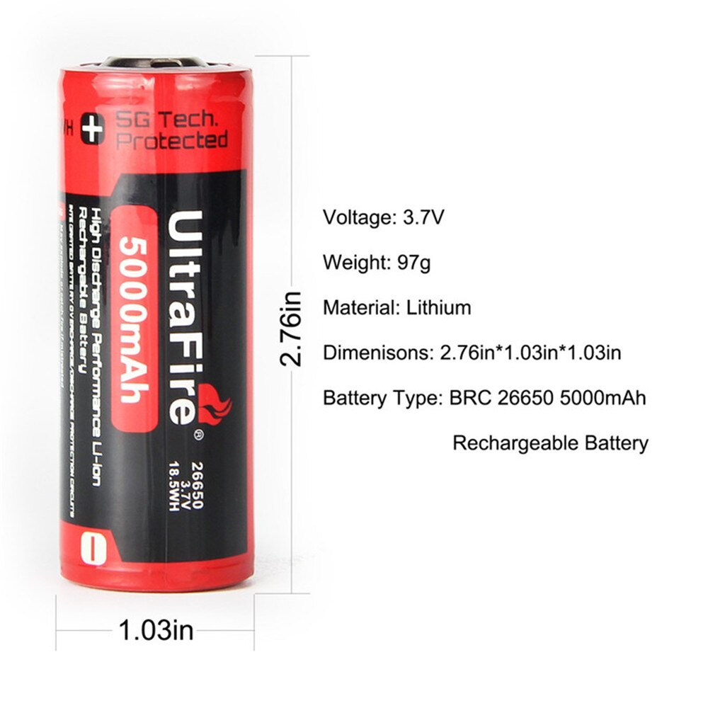 Ultrafire BRC 26650 3.7V 5000mAh rechargeable lithium battery with board protection torch charging bank battery luz USBLED night