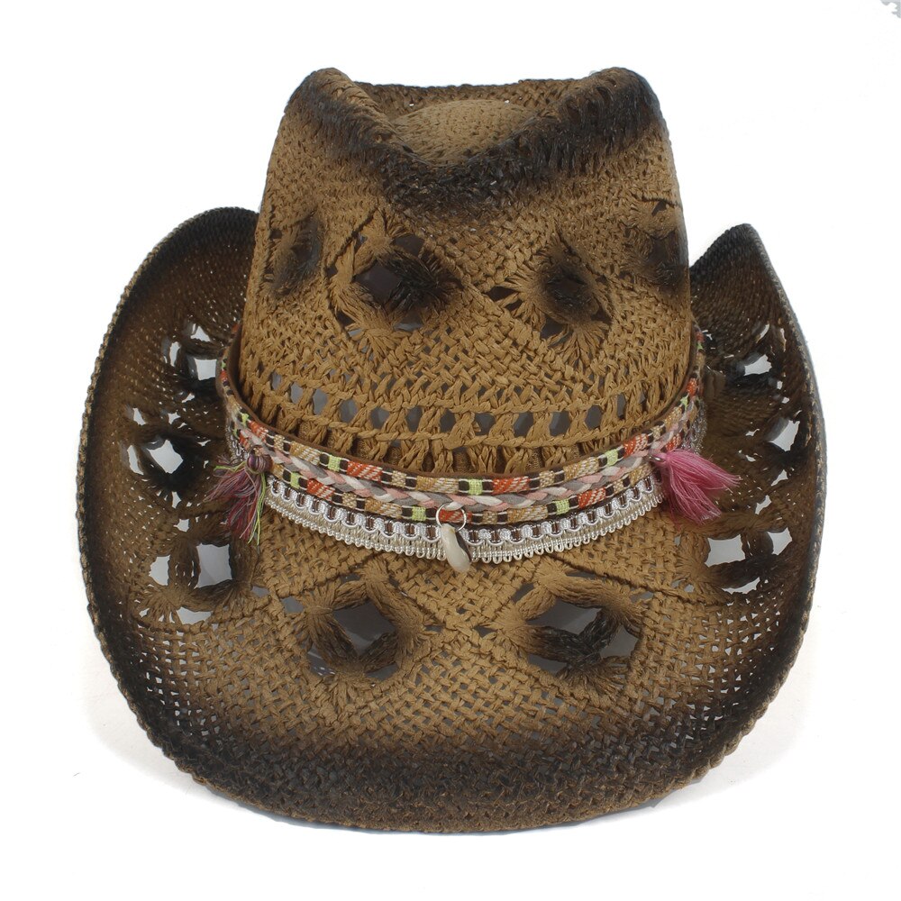 sommer Frauen Stroh Hohl Western Cowboy Hütte Dame Handgemachte Quaste Sombrero hombre Strand Cowgirl Sonne Hütte Größe 56 -58 CM