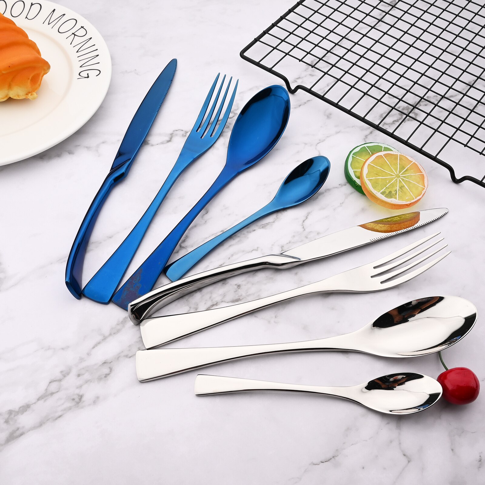 Mirror Blue Cutlery Set 18/10 Stainless Steel Tableware Dinnerware Set Steal Knife Spoon Fork Dinner Set Kitchen Flatware Set