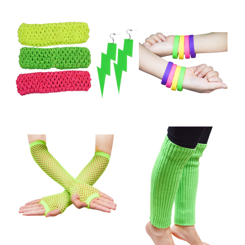 Ecoparty vrouwen 80s Outfit Accessoires Neon Oorbellen Beenwarmers Handschoenen Cosplay Party Benodigdheden Vrouw Meisjes Ornamenten Accessoire: green