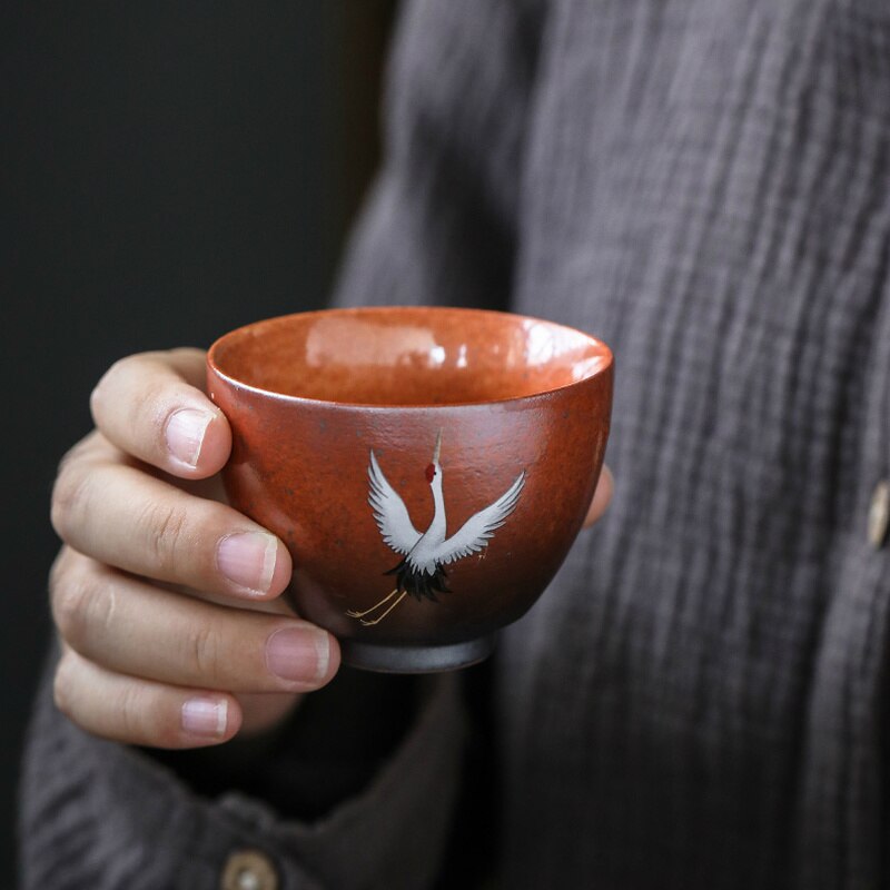 Chanshova kinesisk retro håndlaget på glasert porselen tekopp 100ml rødkronede krane mønster kina keramiske tekopper  h117