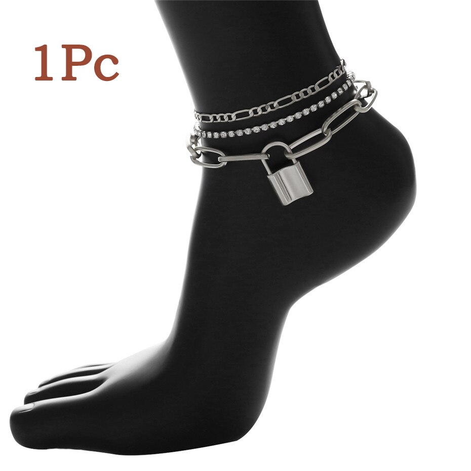 Punk Lover Lock Pendant Crystal Chain Anklet Bracelet Women Adjustable Luxury Rhinestone Thin Link Barefoot Sandals Foot Jewelry: Silver 1PC