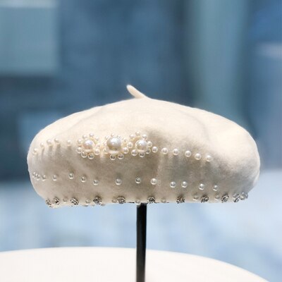 Béret noir rétro britannique pour femmes, automne et hiver, couleur pure, chapeau de peintre de perles en laine, chapeau de citrouille japonais à strass: White