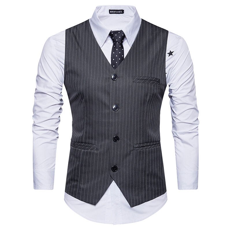 Stripet vest for herre gilet homme klassisk v-hals enkeltspent herre dressvest fritidsfirma bryllup herrevester vester: Mørkegrå / M