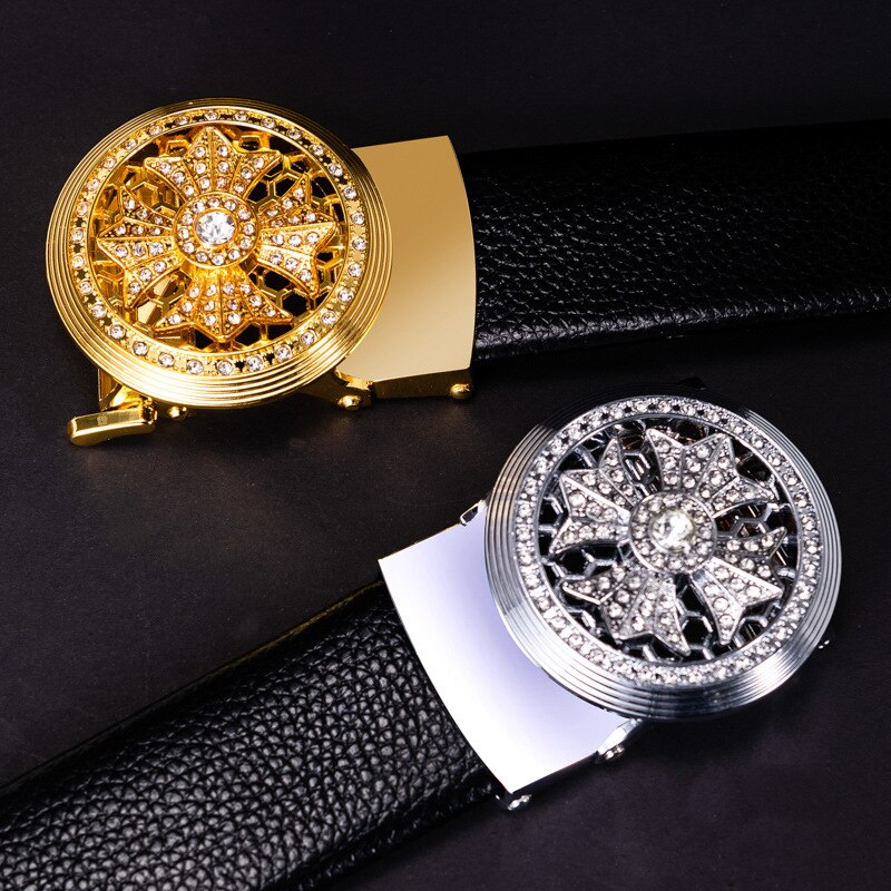 Cinturón de cuero con hebilla redonda automática para hombre, hebilla de con patrón de lichi, ideal para decorativos