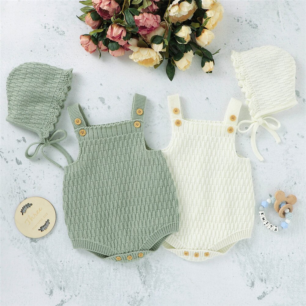 Focusnorm 4 Kleuren Baby Meisjes Jongens Gebreide Trui Rompertjes Hoeden 2 Stuks Solid Ruches Mouwloze Warm Jumpsuits