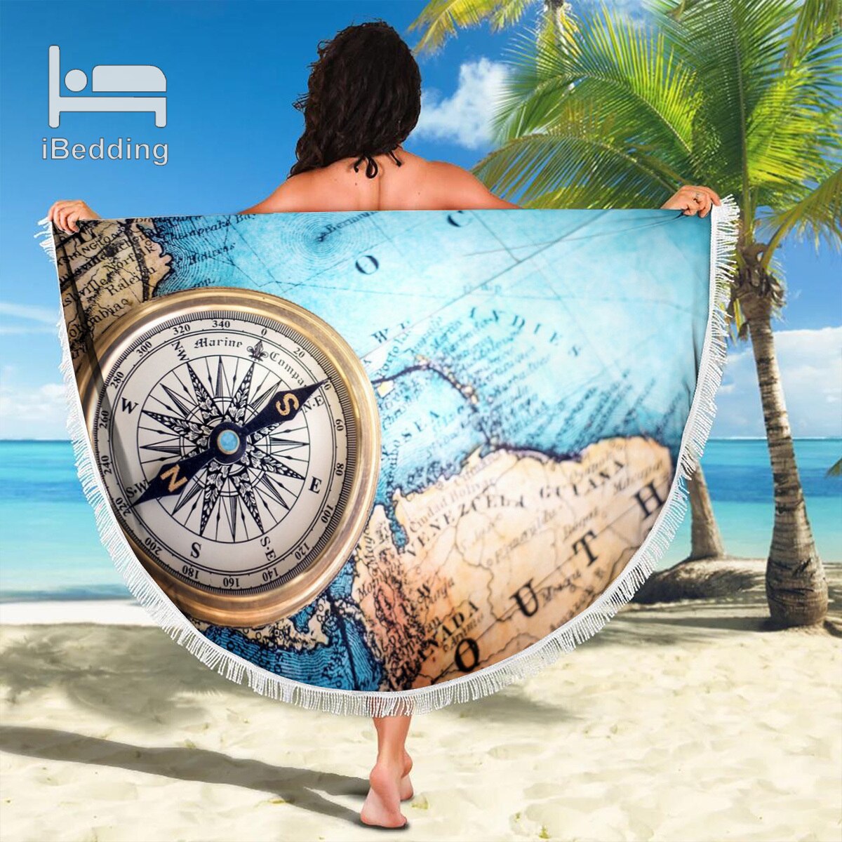 3D Vintage Monde L'île Carte du Monde Couverture de Plage En Microfibre Imprimé 150cm Serviette de Plage Ronde avec Des Glands POD Directe: 2021042409