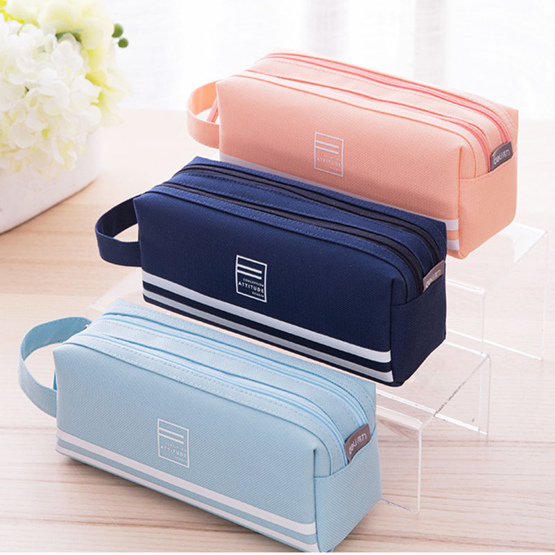 Large Capacity Pencil Cases Bag Zipper Solid Color Canvas School Student School Supplies Stationery Storage Bag 05176