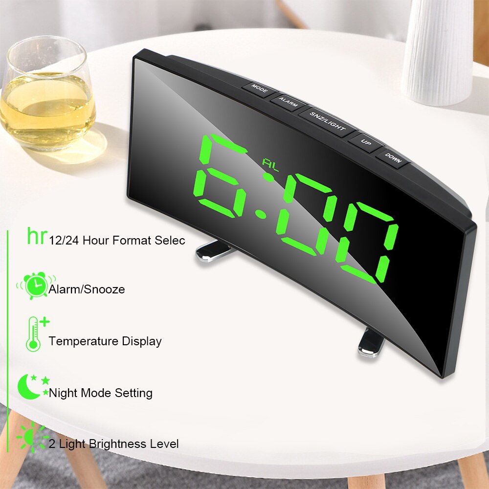 7 Inch Digital Table Clock LED Screen Large Number Alarm Clocks For Kids Bedroom Curved Dimmable Mirror Face