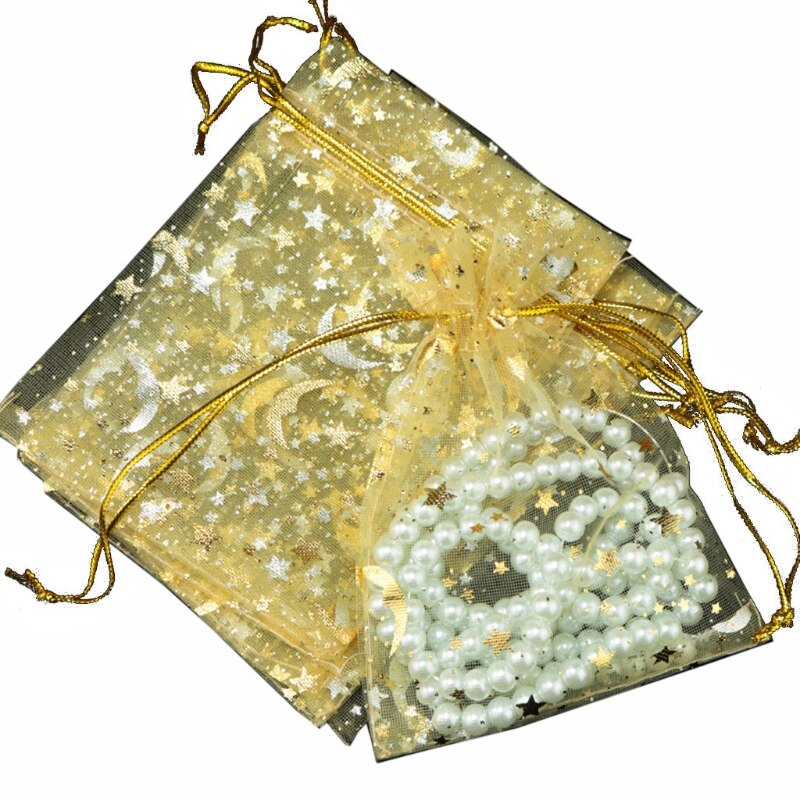 100Pcs Moon Stars Trekkoord Organza Zakjes Koord Kleine Sieraden Bags Zakjes Voor Wedding Party Valentijnsdag: Goud