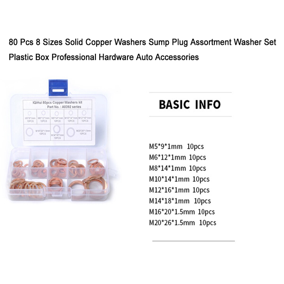 80 Pcs 8 Sizes Solid Copper Washers Sump Plug Assortment Washer Set Plastic Box Hardware Auto Accessories