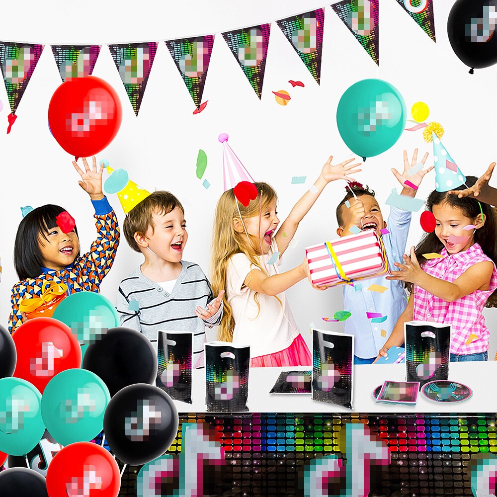 124Pcs Music Notes Theme Party Supplies Happy Birthday Party Fans Banner Balloons Treat Bag Table Cloth Plates Kit Short Video