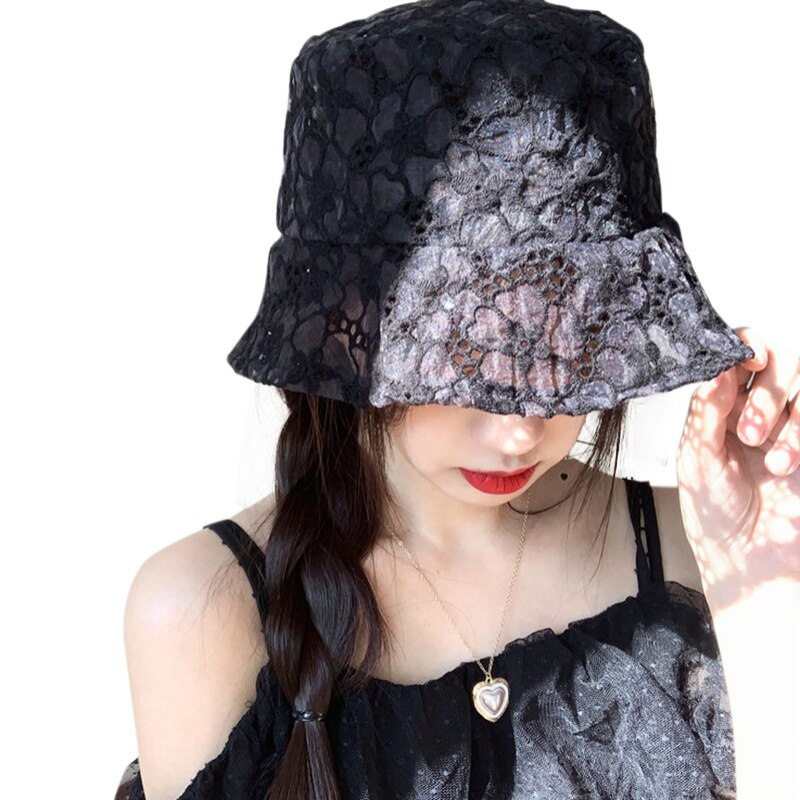 Sombrero blanco de ala ancha para mujer, gorra ahuecada de encaje, linda flor, de verano: B