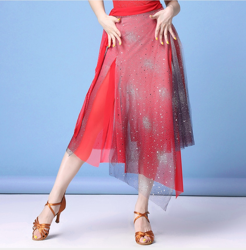 Falda de baile latino para mujer, chal sobre la cadera, lentejuelas brillantes, vestido de baile, Salsa, Samba, Ropa de baile, Color Rojo
