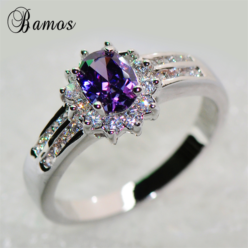 Bamos Elegante Vrouwelijke Paars Ovale Ring Zilver Kleur Sieraden Vintage Trouwringen Voor Vrouwen Geboorte Steen