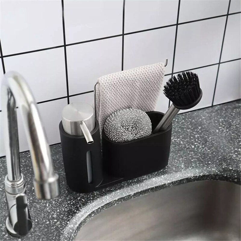 Kit de nettoyage pour évier, caddie de cuisine avec distributeur de savon, boule en acier et brosse, groupe de nettoyage noir pour l&#39;organisation de la cuisine