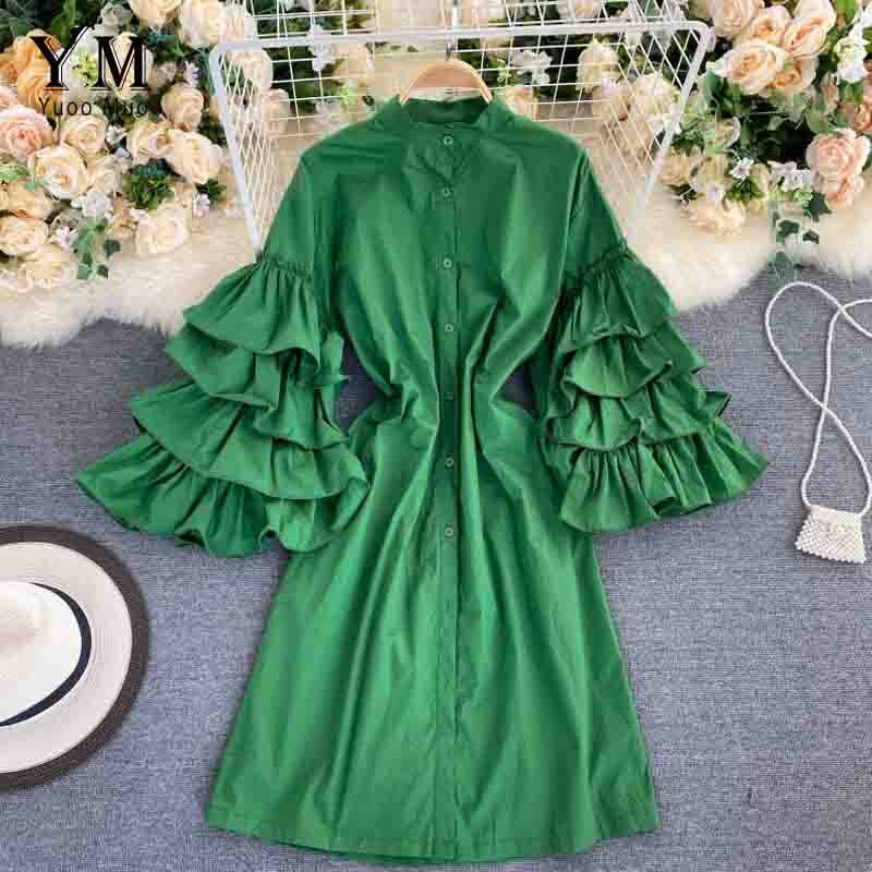 YuooMuoo-vestido verde con volantes de manga larga para otoño, Vestido camisero con una hilera de botones para mujer: green