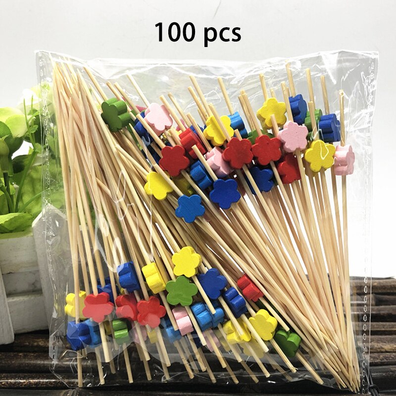 100 Stks/pak Wegwerp Reizen Accessoires Party Dessert Stok Cupcake Fruit Vork Draagbare Tanden Cleaning Tools Bamboe: color plum blossom