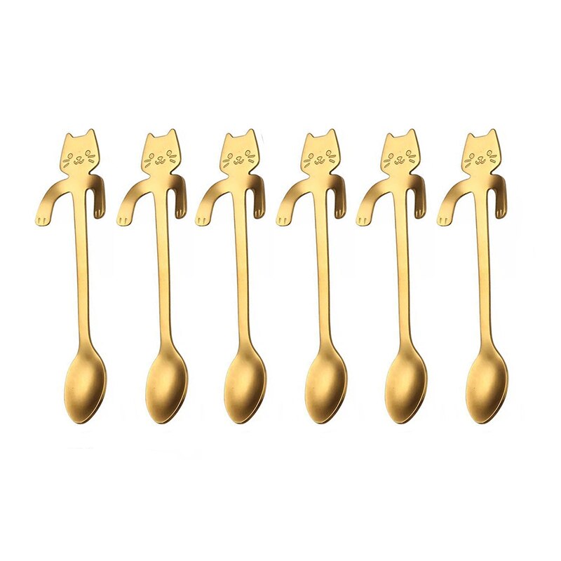 Mini Leuke Koffie Lepel 12 Cm 17 Cm 304 Roestvrij Staal Cartoon Kat Lepel Theelepel Dessert Snack Scoop Melk Lepels servies: Gold 12cm 6 PCS