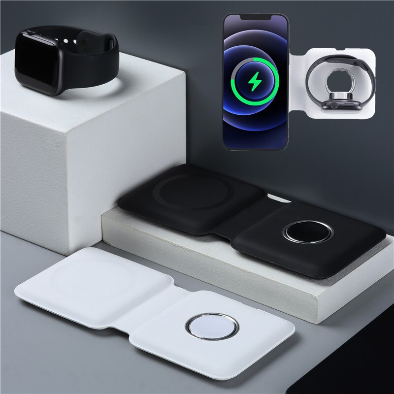 2 In 1 Magnetische Dual Charging Dock 15W Draadloze Oplader Voor Iphone 12 Pro Max Magsafe Apple Iwatch Airpods zwart Wit Vouwen